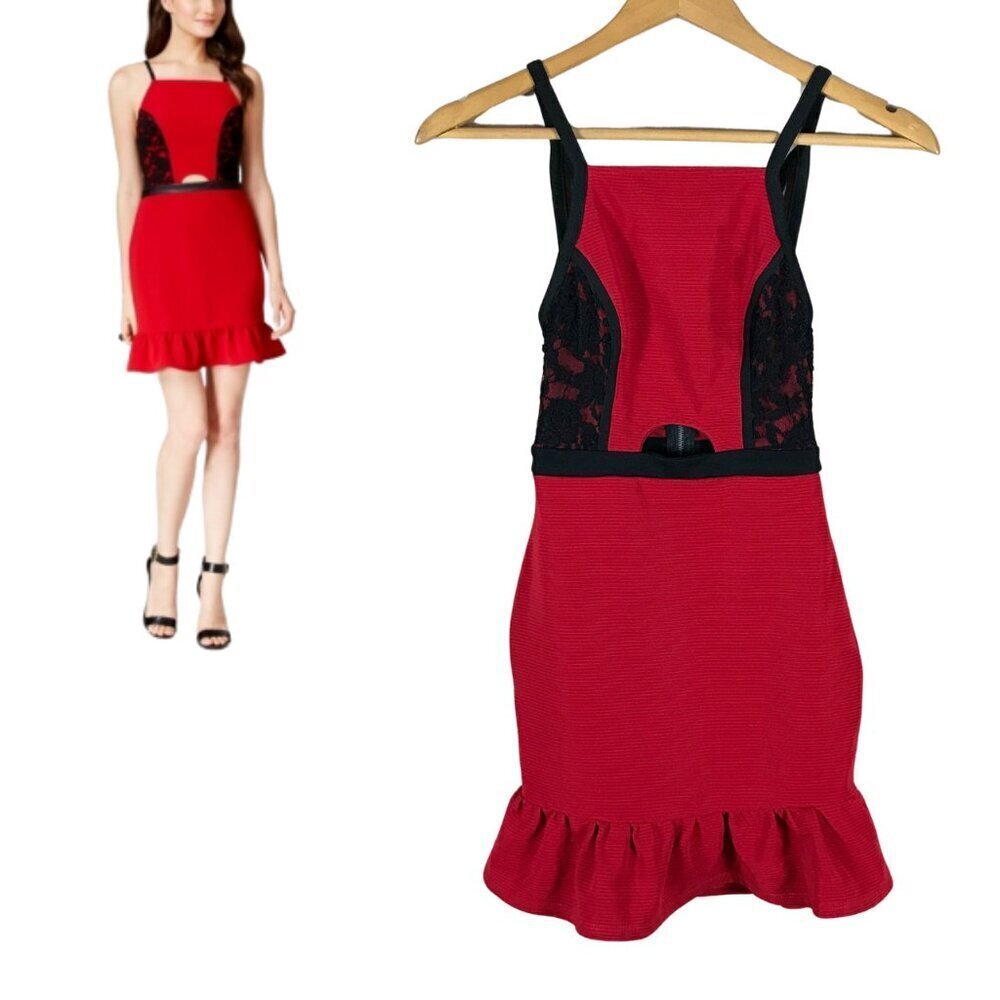 Material Girl Red Mini Skater Dress with Black Lace NWT XXS